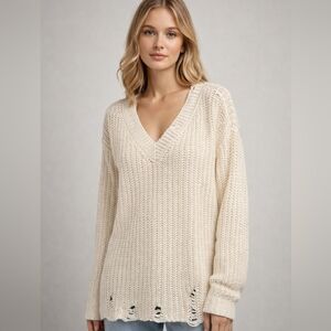 MittoShop Cream Open Knit V-Neck Distressed Hem Sweater M/L